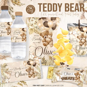 TEDDY BEAR Globos Party Bundle Kit, Plantilla imprimible, Teddy Bear baby shower Bolsa de chip de cumpleaños, Etiquetas editables de oso, Oso de peluche floral