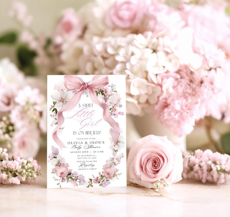 May include: A baby shower invitation with a floral wreath design. The invitation features a pink bow and the text "A Sweet Little Girl Is On Her Way!". The invitation includes details for Olivia & Jhon's baby shower.
