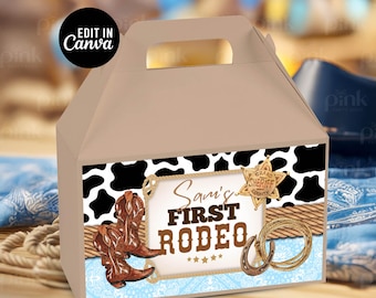 Etiquetas para cajas de cumpleaños de vaqueros: recuerdos de fiesta de rodeo (plantilla imprimible de Canva)
