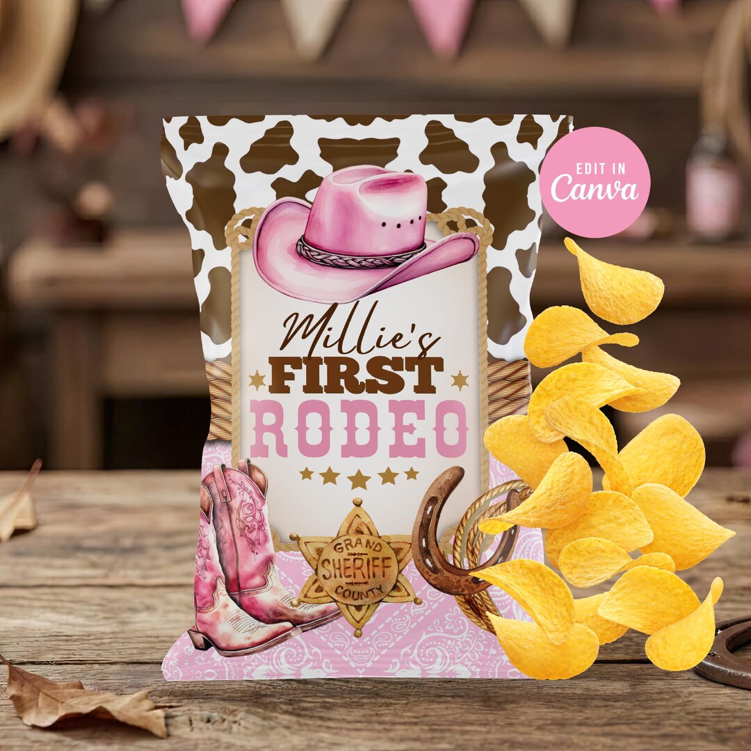 Cowgirl 1st Rodeo Chip Bag: Pink Western Birthday Favor (editable Canva ...