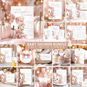 Rosa Kürbis-Babyparty-Einladungs-Bundle: Blumenschleife, Schilder & Spiele Bearbeitbar (Digitaler Download) CI53