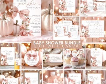 Kit di inviti per baby shower a tema zucca rosa: fiocco floreale, cartelli e giochi modificabili (download digitale) CI53