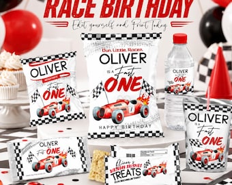 Peut inclure: Un ensemble de cadeaux de fête sur le thème de la course automobile avec des étiquettes personnalisées pour sachets de chips, bouteilles d'eau, gourdes et barres chocolatées. Chaque article porte le nom Oliver, le texte Fast One et une voiture rouge.
