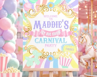 Panneau de bienvenue d'anniversaire Carnival Circus : couleurs pastel, modèle modifiable (téléchargement numérique) CB10