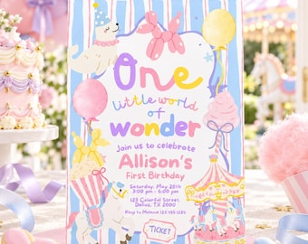 Whimsical Pastel Circus First Birthday Invitation, World of Wonder Editable Canva Template