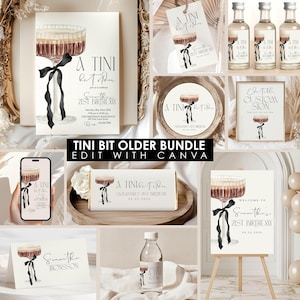 May include: A printable bundle of 21st birthday party decorations featuring a martini glass with a black ribbon. The bundle includes a welcome sign, invitation, bottle labels, and a chocolate bar wrapper. The text on the items reads "A Tini Bit Older" and "Samantha's 21st Birthday".