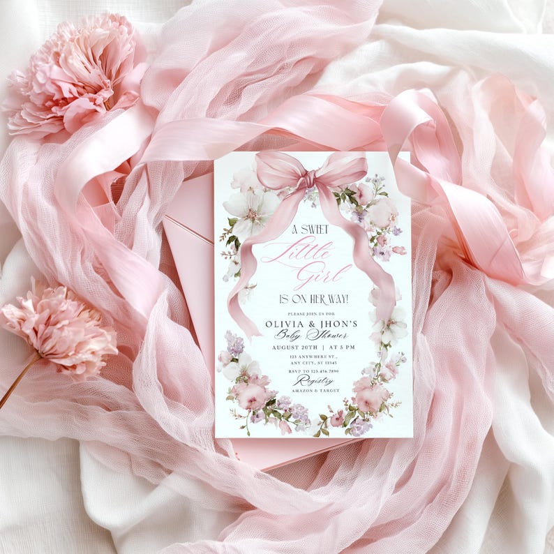 May include: A baby shower invitation with a floral design and the text "A Sweet Little Girl Is On Her Way!". The invitation is surrounded by pink fabric, ribbons, and flowers. The invitation includes the names Olivia & Jhon, the date, time, and location.