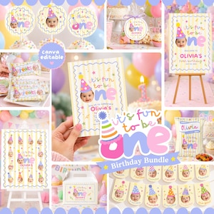 Op de afbeelding: Een verjaardagsdecoratieset met een geel-wit gestreept thema en de tekst It's fun to be one. Bevat cupcake-toppers, een welkomstbord, labels voor traktaties, een maandelijkse fotobanner en een geschenkdoos, allemaal gepersonaliseerd voor Olivia.