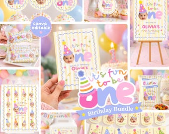 Its Fun To Be One Birthday Party Bundle, Editable Canva Template Girl, First Birthday Invitation Printable Package Digital Download