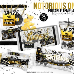 Notorious Birthday Party Bundle Kit, Template Printable, Hip hop Birthday chip bag, Corjl Editable Hip Hop Custom party favors labels