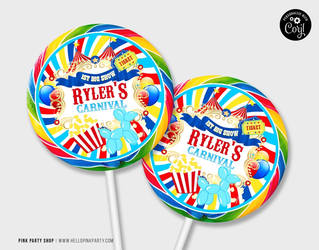 Carnival Lollipop Labels: Editable Birthday Party Favors (digital ...