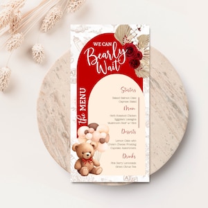 Menu urso para impressão Menu urso rosas editável para chá de bebê cartão de comida personalizado para mesa chá de bebê boho urso Gênero neutro chá de bebê BRC