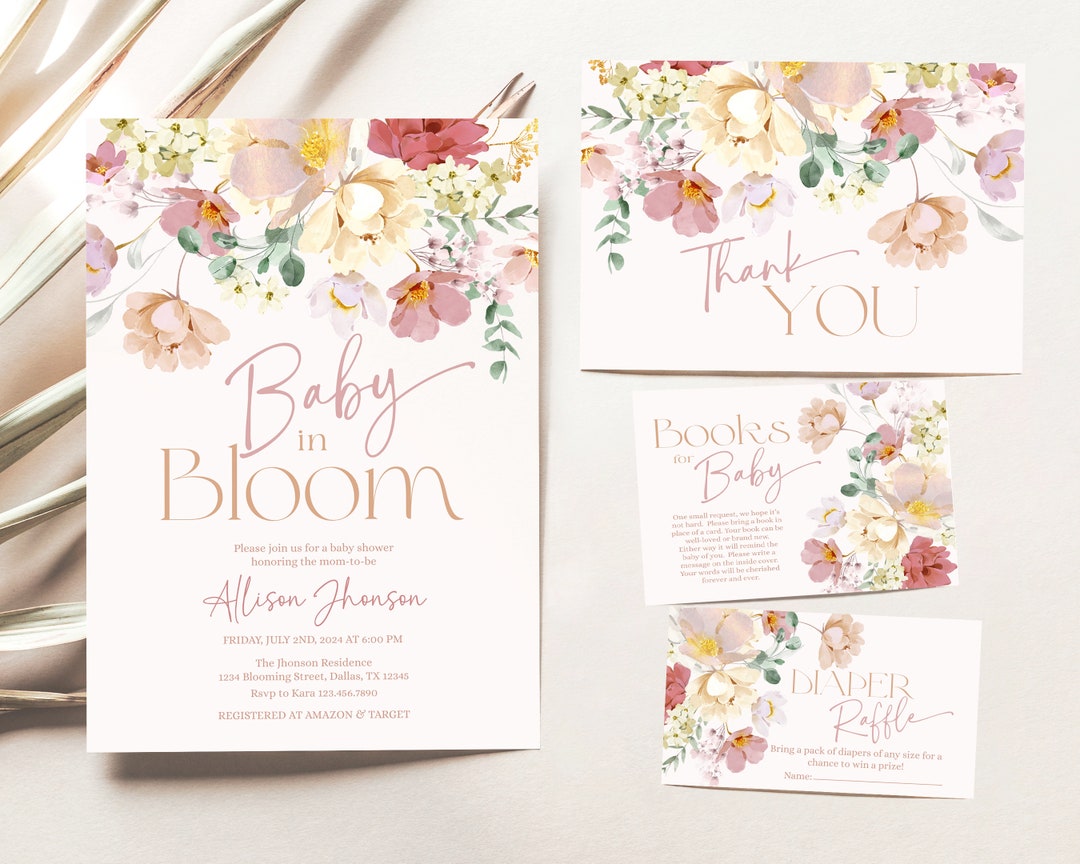 Spring Invitations Bloom Editable Baby in Bloom Baby Shower Invitation Bundle Spring Flowers ...
