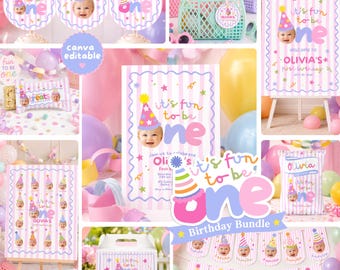 Its Fun To Be One Birthday Party Bundle, Editable Canva Template Girl, First Birthday Invitation Printable Package Digital Download
