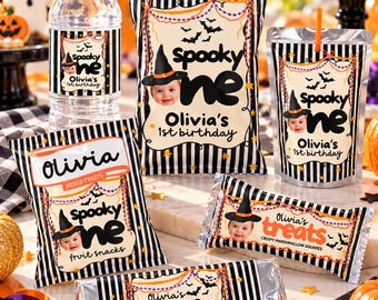 Spooky One Halloween Party Favors Bundle, Editable Canva Wrappers and Labels