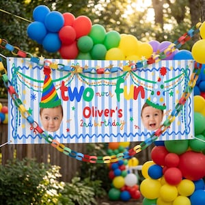 „Zweimal so viel Spaß“-Hintergrundbanner, Canva-Vorlage, Banner zum zweiten Geburtstag (72 x 24 Zoll) für Jungen, digitaler Download für Fotos zum zweiten Geburtstag