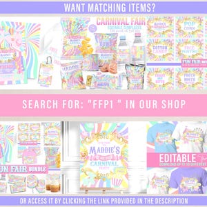May include: A collection of carnival-themed party supplies and decorations in pastel colors. The image includes editable templates for invitations, signs, and shirts. Text includes "Carnival Fair" and "Fun Fair". Search for "FFP1" in the shop.