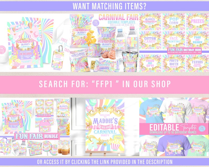 May include: A collection of carnival-themed party supplies and decorations in pastel colors. The image includes editable templates for invitations, signs, and shirts. Text includes "Carnival Fair" and "Fun Fair". Search for "FFP1" in the shop.