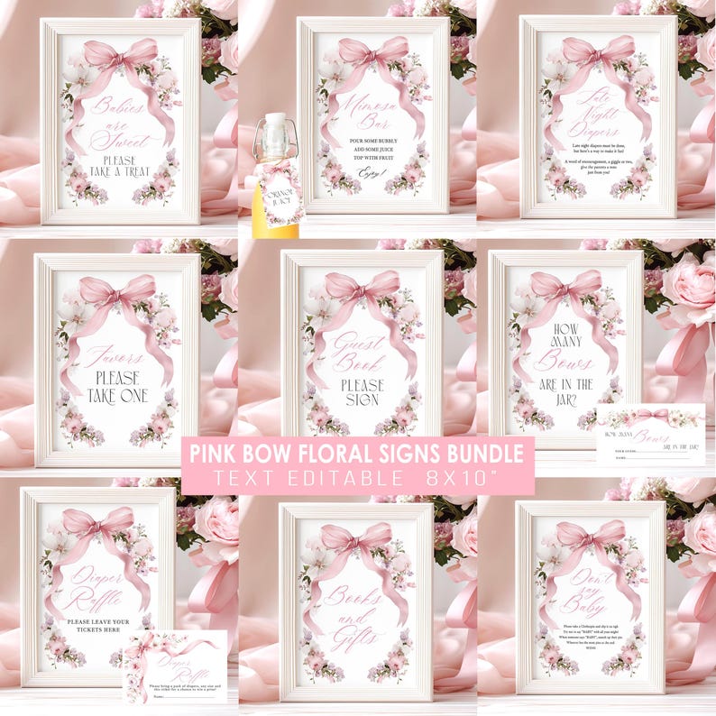 May include: A collection of pink floral signs with text, such as "Babies are Sweet," "Mimosa Bar," and "Guest Book." Each sign has a pink bow and floral details, in white frames. The signs are 20.3 x 25.4 cm.