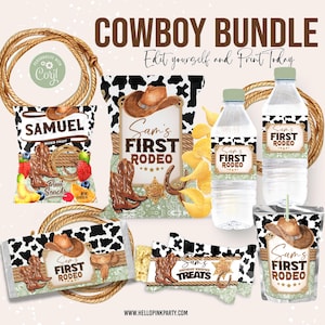 Cowboy Birthday Party Bundle Kit Template Printable Saddle Up Birthday chip bag Sage Green western Editable labels 1st Rodeo Party Printable