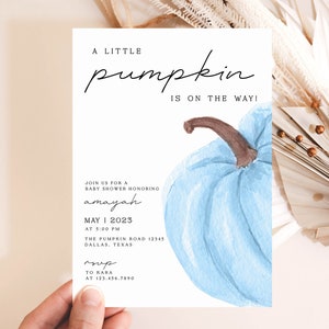 Blue Pumpkin Baby Shower boy invitation, Little Pumpkin Baby Shower Invite, Fall minimalist Baby shower pumpkin baby Shower PBS2