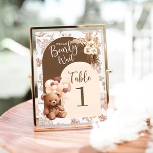 Bear Table Number afdrukbare genderneutrale beer bewerkbare tafelteken voor baby shower aangepaste nummerkaart voor tafel Boho hower baby shower BBT3