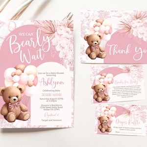 Modificabile Possiamo aspettare con pazienza Invito per baby shower Orso rosa polveroso Palloncino Baby Shower Invito Boho Bear Baby Shower BPS1