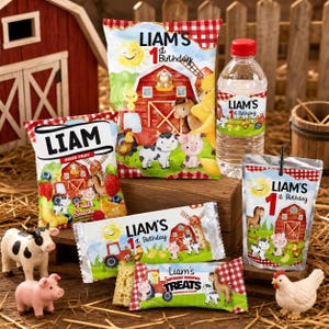 May include: A collection of farm-themed party favors, including snack bags, water bottles, and juice pouches, all featuring the text "Liam's 1st Birthday." The designs include illustrations of a red barn, farm animals, and a smiling sun.