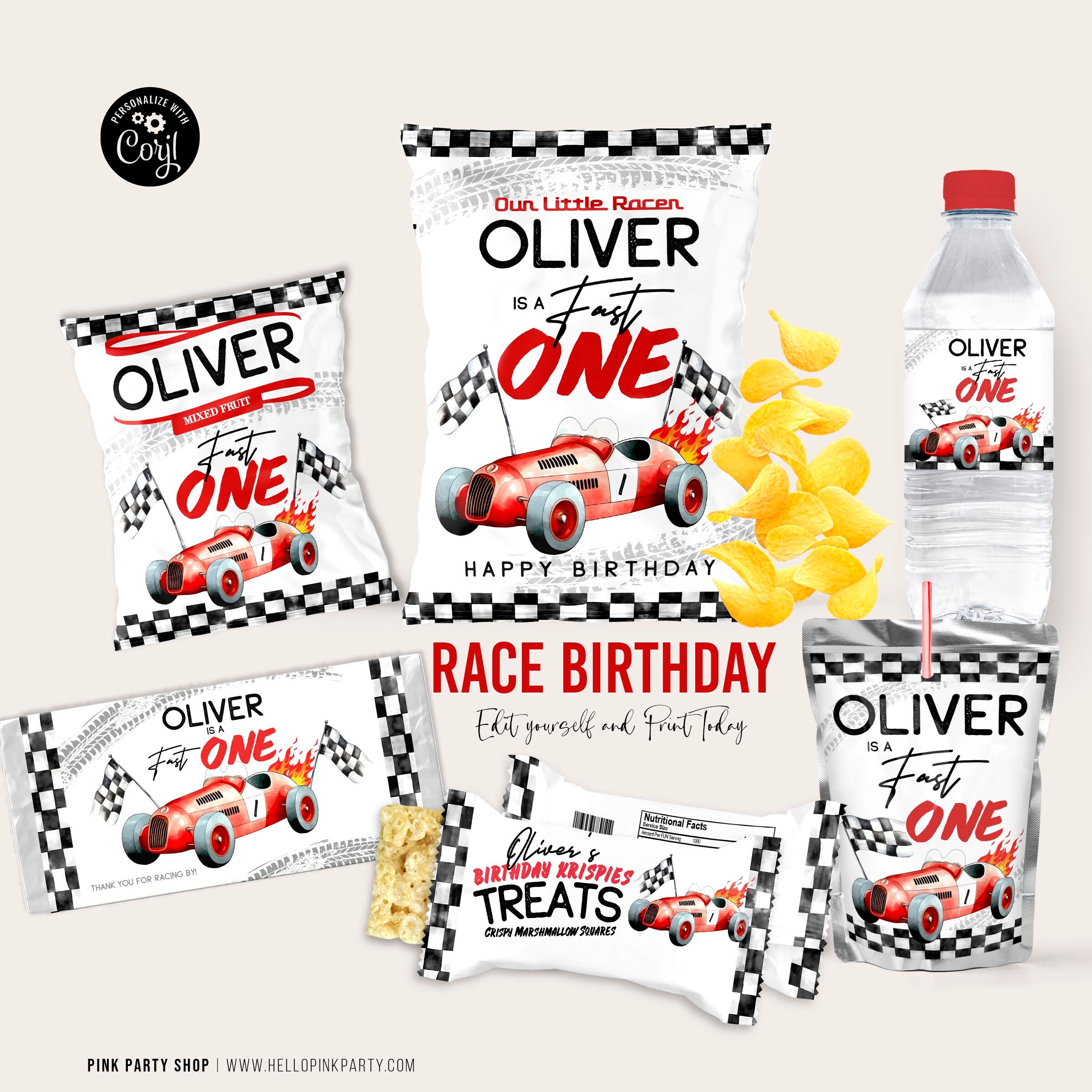 Race Car 1st Birthday Party Favors Bundle (Editable Template)