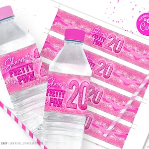 Shades of Pink water labels wrapper, Editable corjl Printable templates, Shades Pink beverage drink labels, Pretty in Pink water labels