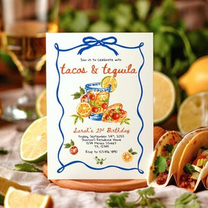 Taco's en tequila uitnodiging handgetekende Krabbel verjaardagsfeestje bewerkbare sjabloon grillige digitale uitnodiging handgeschreven fiesta Canva