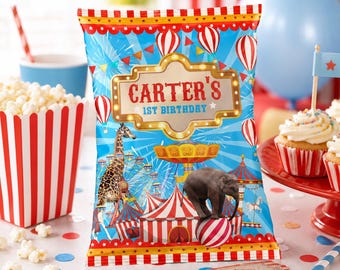 Circus Birthday Chip Bag Editable Template: Editable Carnival Theme (Digital Download)