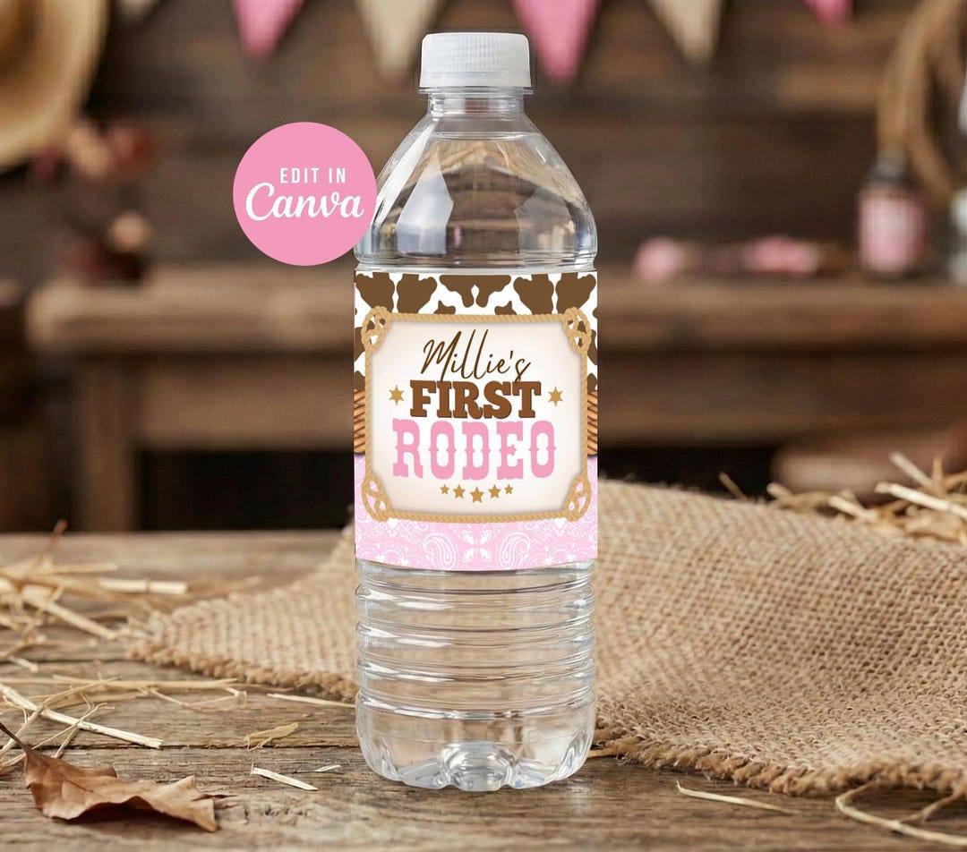 Cowgirl 1st Rodeo Water Bottle Label: Pink Western Birthday (editable ...