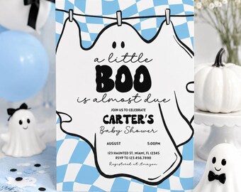 Halloween baby shower invitation template blue ghost digital invite