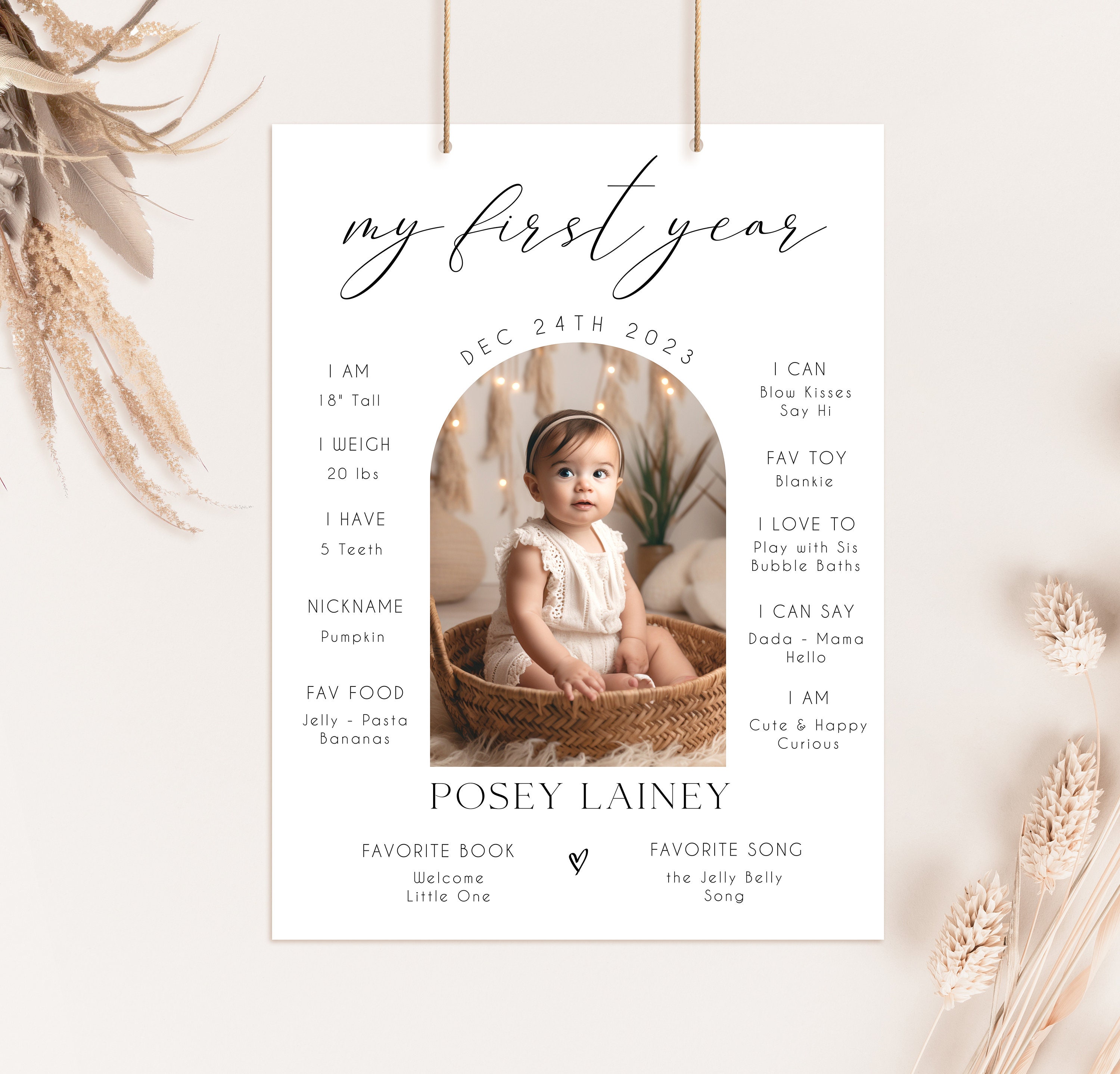 Minimalist Milestone Board First Birthday Photo Sign Template 1st Birthday Photo Poster Baby's First Year Sign Printable Modern Birthday