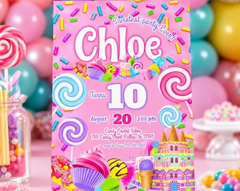 Puede incluir: Una invitación rosa para una fiesta de cumpleaños con el nombre "Chloe" y el texto "Sweetest party Ever!". La invitación incluye ilustraciones de caramelos coloridos, una magdalena y un castillo de caramelos. La invitación es para un 10 cumpleaños.