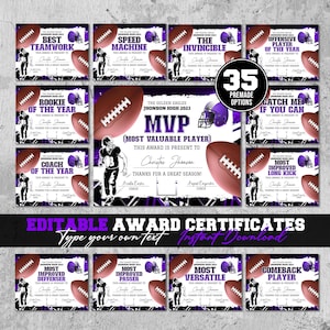 Editierbare Football Award Zertifikat Preisverleihung Zertifikat Ende der Saison Football Awards Team Party Ausdrucke Zeremonie Geschenk DIY Diplom