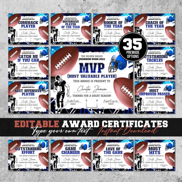 Editable Football Award Certificate Award Ceremony Certificate End of Season Football Awards Team Party Printables Ceremony gift DIY Diploma