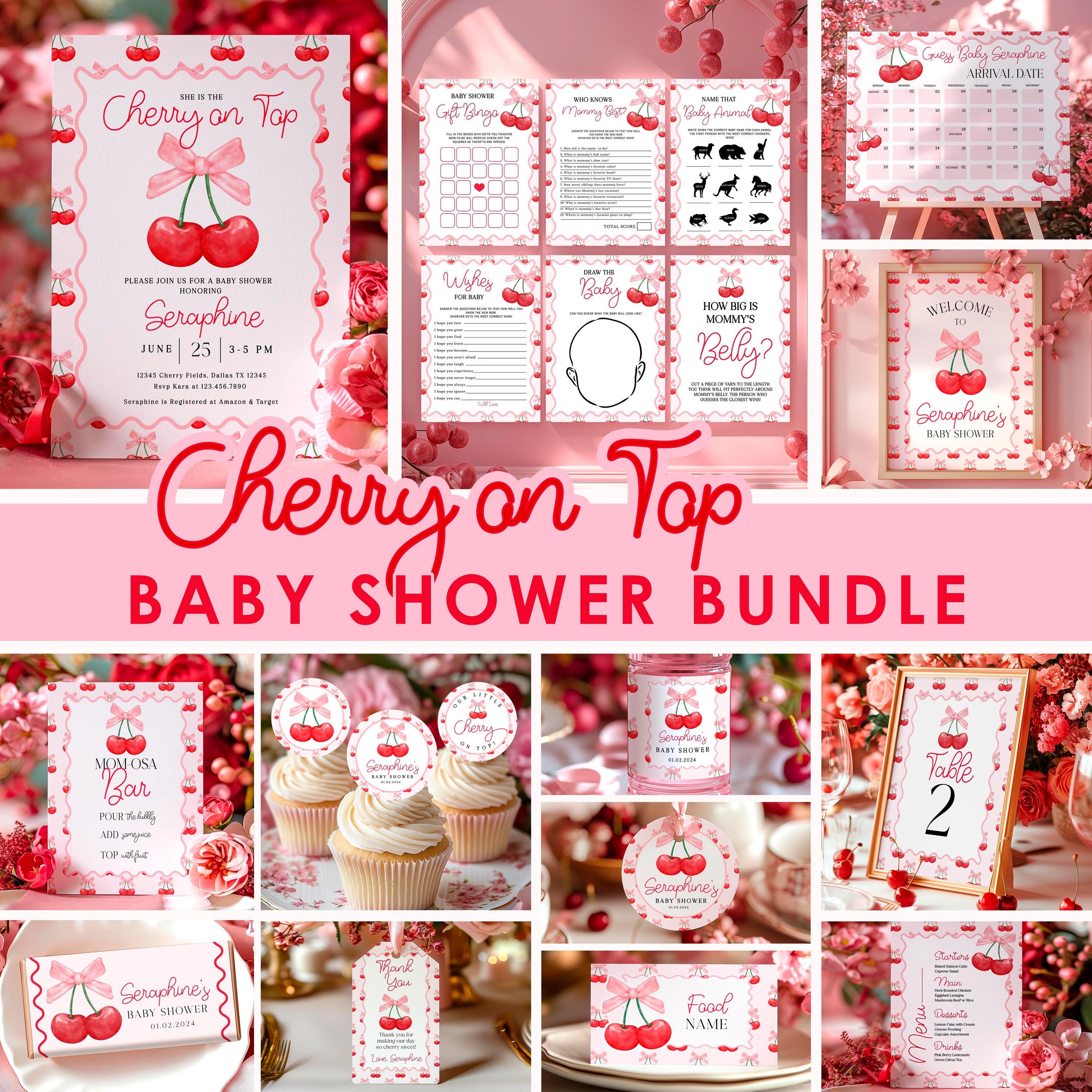 Cherry on Top Baby Shower Bundle Editable template Pink Bow Baby Shower Invitation Bundle Cherries Sweet Baby Games and Signs for Girl BS220