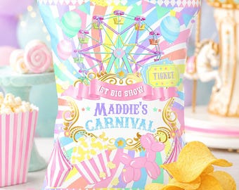 May include: A colorful carnival-themed chip bag with a Ferris wheel illustration, the text "Maddie's Carnival," and a pink balloon dog. A pile of chips sits in front of the bag. The background includes balloons and a carousel.