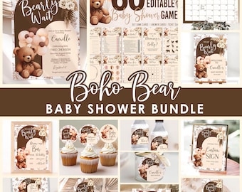 Boho Bear Baby Shower Bundle: Editable Invitation, Games Favors Sign (Digital Template) BBT3