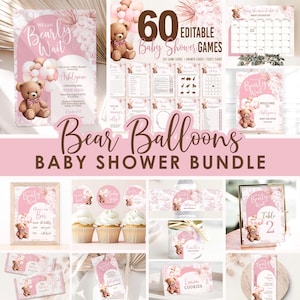 Bear Baby Shower Bundle Editable template Bear Pink Balloons Baby Shower Invitation Bundle Bearly Wait Baby Games and Signs for Girl BPS1