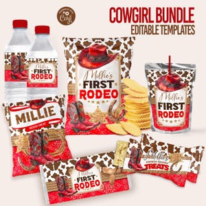 Cowgirl Birthday Party Bundle Kit, Template Printable, Saddle Up Birthday chip bag, Cowboy western Editable labels 1st Rodeo Party Printable