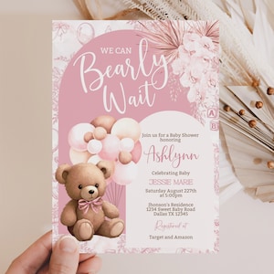 Editable Brown Bear Balloon Baby Shower Invitation We Can Bearly Wait Baby Shower Invite Pink Boho Bear Girl Baby Shower BPS1