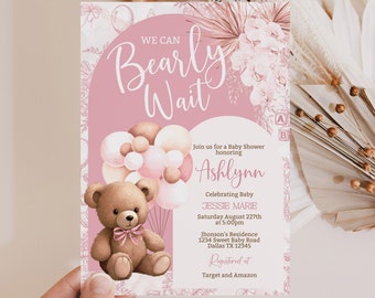 Editable Brown Bear Balloon Baby Shower Invitation We Can Bearly Wait Baby Shower Invite Pink Boho Bear Girl Baby Shower BPS1