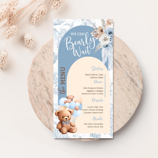 Bear Menu printable Blue bear menu editable for baby shower custom food card for table boho baby shower bear Boy baby shower table BBT2