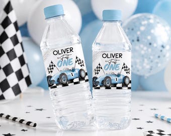 Etiqueta para botella de agua de primer cumpleaños con diseño de coche de carreras: Fiesta Fast One (Plantilla digital editable) FO001