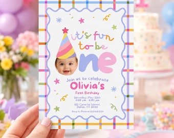 Its Fun To Be One First Birthday Invitation for Girl, Editable Canva Template