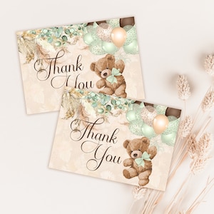 Cartes de remerciement ours en peluche anniversaire Beary montgolfière ours baby shower cartes de correspondance pliées imprimables NON modifiables neutres