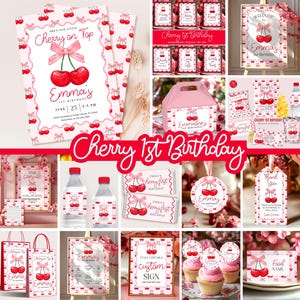 Può includere: Una collezione di articoli per feste a tema ciliegia. Gli articoli includono inviti, etichette per bottiglie d'acqua, etichette regalo e cartelli. Il design presenta ciliegie rosse, fiocchi rosa e il testo "Cherry 1st Birthday" e "Emma's".